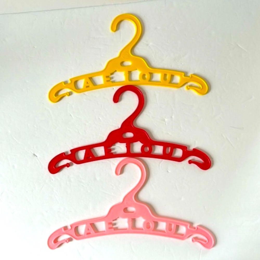 Vintage 5 Plastic Baby Clothes Hangers 1960’s Yellow Red Pink Blue White Vowels